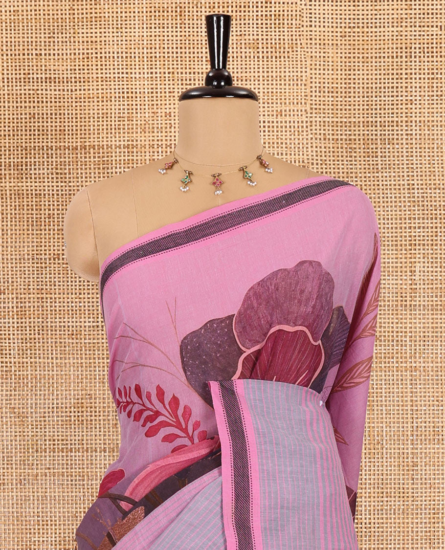 Pink stripes, and tropical floral printed Mangalgiri cotton saree, traditional thread border, striped pallu, and a matching blouse