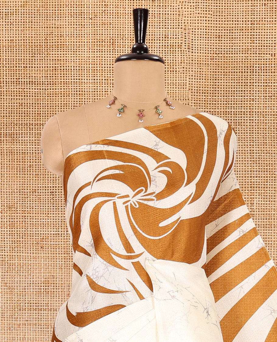 Borderless mustard batik-style abstract printed art khadi cotton saree, batik-style abstract printed pallu and contrast batik printed blouse