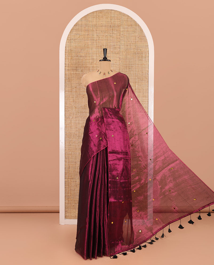 Borderless purple mirror work khadi tissue saree, mirror work pallu, and a matching blouse