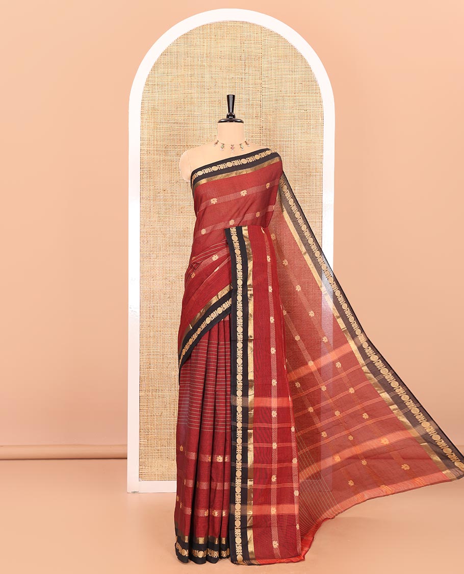 Maroon horizontal stripes and velthari thread butta design chettinad cotton saree , contrast peacock , rudraksham border and lining chit pallu