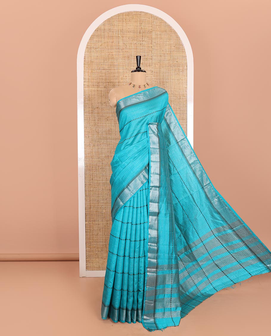 Blue Semi-Tussar Saree Decked Up with Zari Horizontal Stripes and Thread Floral Designs, Featuring a Subtly Woven Temple Zari Border, a Striped Pallu, and a Matching Blouse