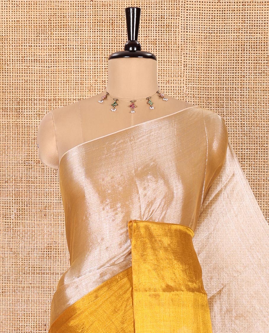 Borderless Silver-Gold Half-And-Half Khadi Tissue Saree, Subtly Sparkling Plain Pallu, and Paired with a Mayching Blouse
