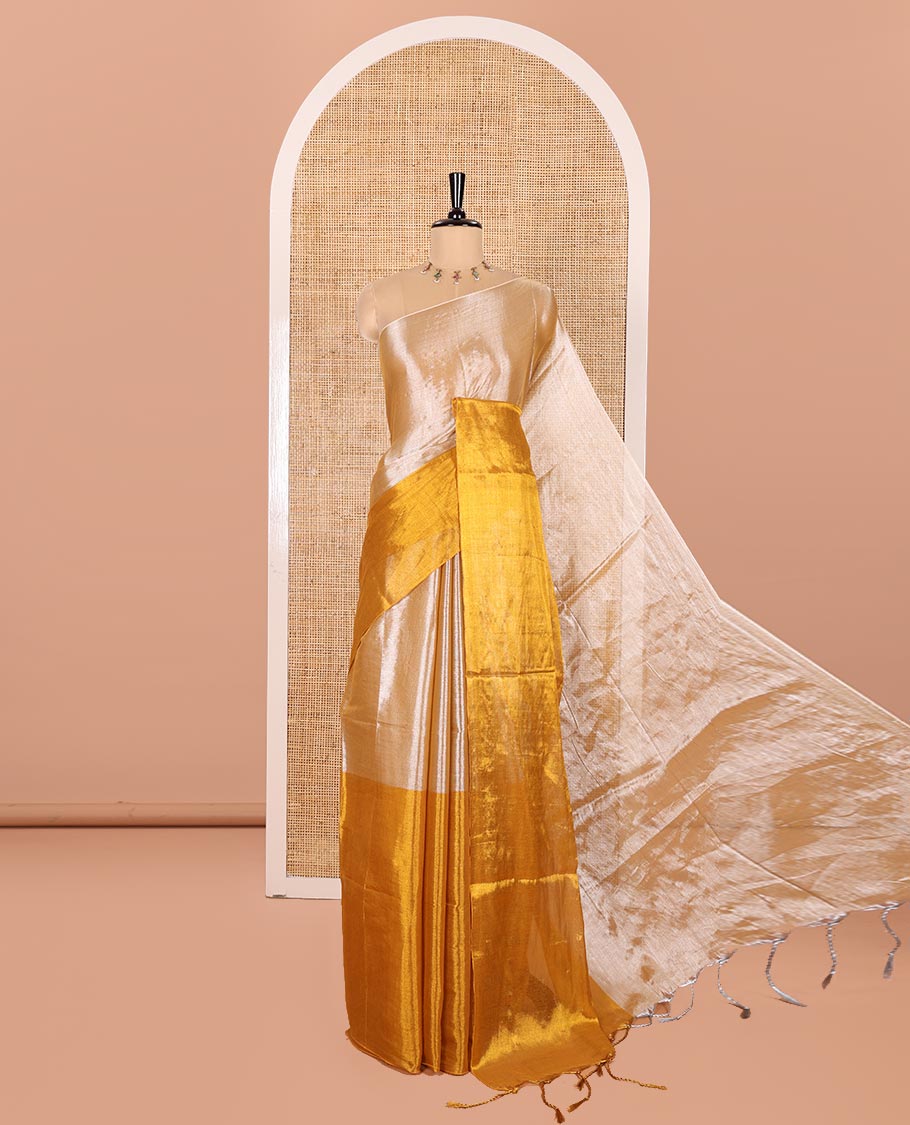 Borderless Silver-Gold Half-And-Half Khadi Tissue Saree, Subtly Sparkling Plain Pallu, and Paired with a Mayching Blouse