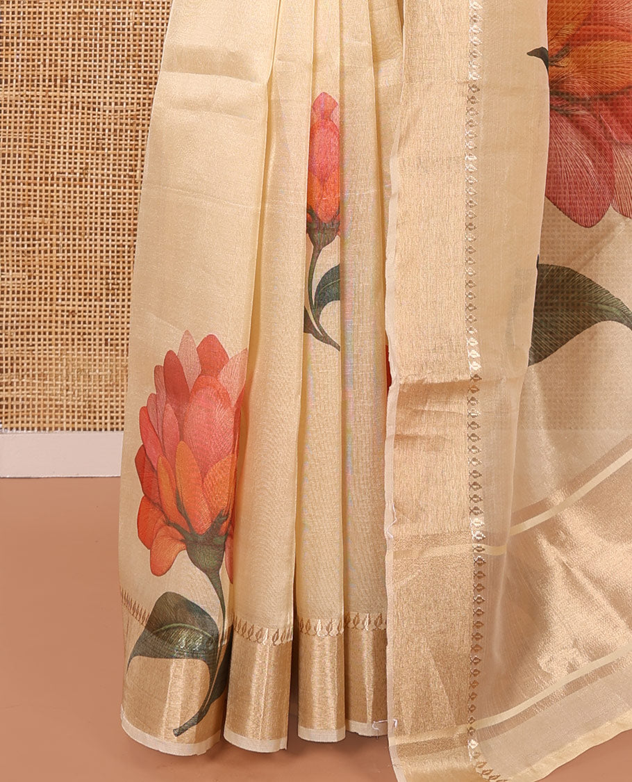 Gold Tissue Saree, Artfully Printed with Floral Motifs Print All Over Its Body, Subtle Zari Border, Pallu Depicts Floral Print, and Paired with a Matching Printed Blouse