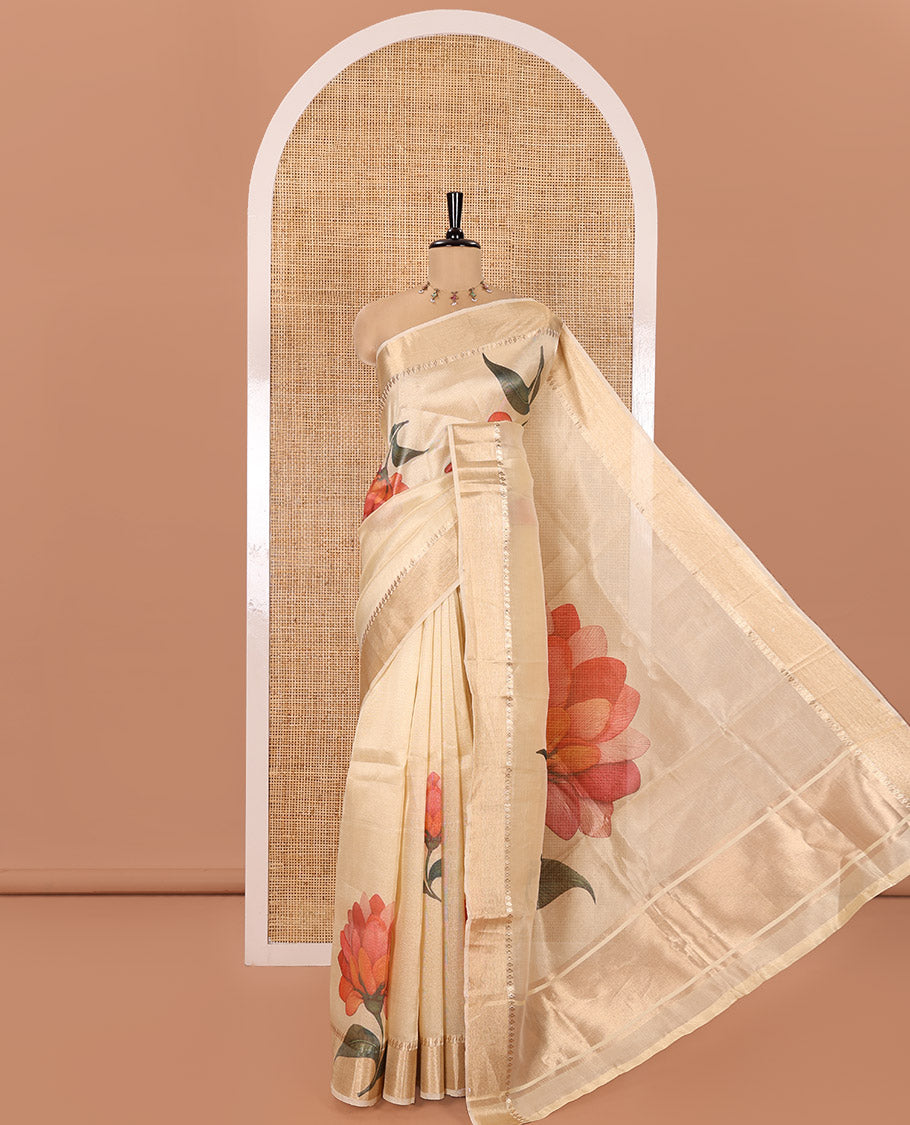 Gold Tissue Saree, Artfully Printed with Floral Motifs Print All Over Its Body, Subtle Zari Border, Pallu Depicts Floral Print, and Paired with a Matching Printed Blouse
