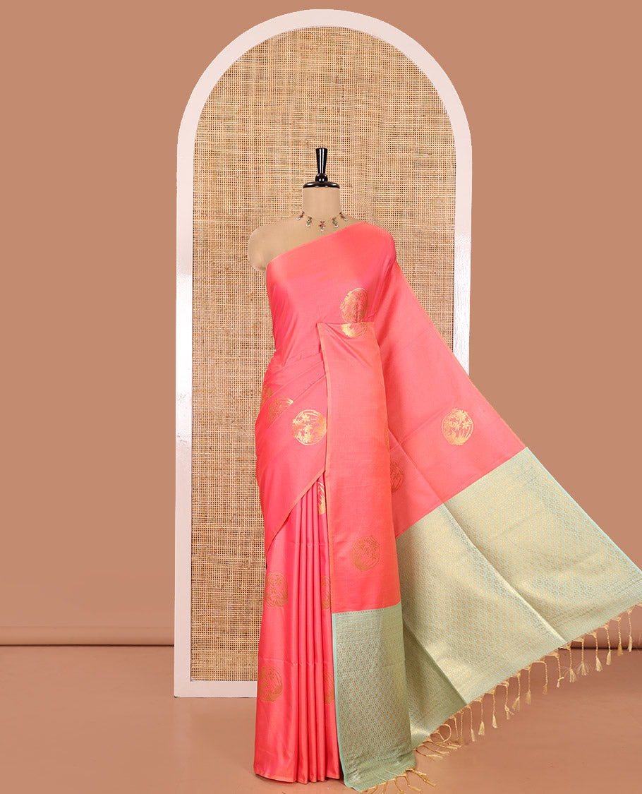 Borderless Pink Semi-Soft Silk Saree Woven with Bird-Floral Buttas All Over Its Body, Complemented by a Contrast Intricately Designed Pallu, and Paired with a Contrast Plain Blouse