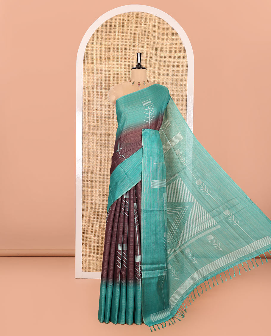 Brown Tissue Saree, Accentuated with Horizontal Stripes and Unique Motifs Printed All Over Its Body, Complemented by Contrast Printed Border, Pallu Depicts Geometric Patterns, and Paired with a Contrast Geometric Printed Blouse