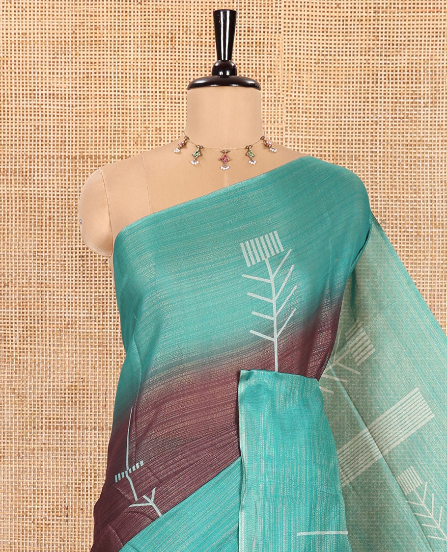 Brown Tissue Saree, Accentuated with Horizontal Stripes and Unique Motifs Printed All Over Its Body, Complemented by Contrast Printed Border, Pallu Depicts Geometric Patterns, and Paired with a Contrast Geometric Printed Blouse