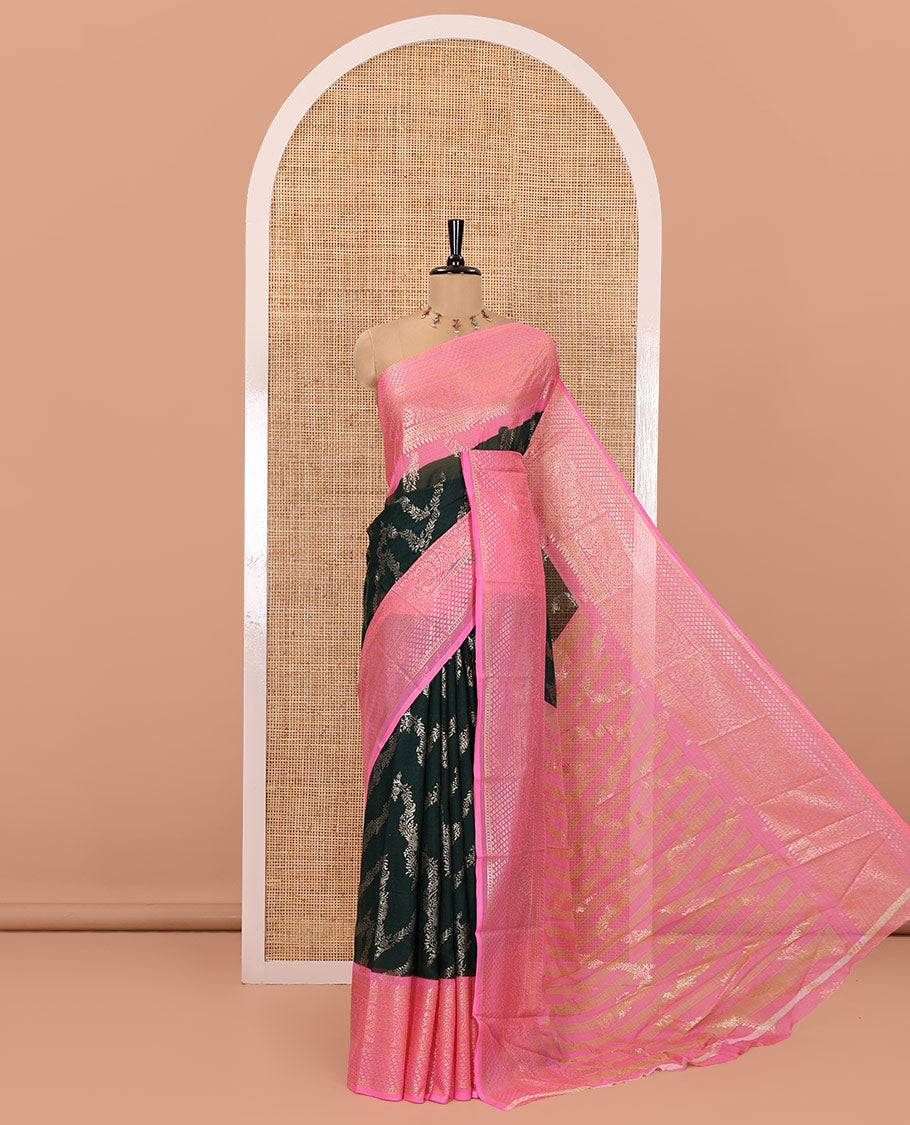 Green Chiffon Saree, Highlighted with Floral Jaal Foil Prints All Over Its Body, Complemented by a Contrast Traditional Motifs Foil Printed Border, Pallu Steeped with Diagonal Stripes, and Paired with a Contrast Blouse