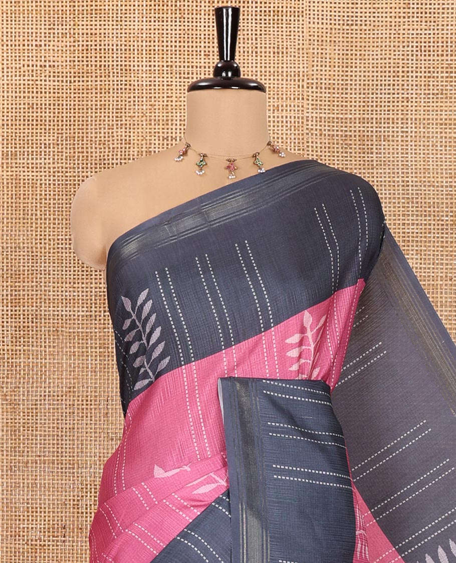 Pink Manipuri Silk Saree, Bedecked with Stripes and Leaf Buttas All Over Its Body, a Self-Subtle Border, Pallu Features Geometric Print, and Paired with a Matching Blouse