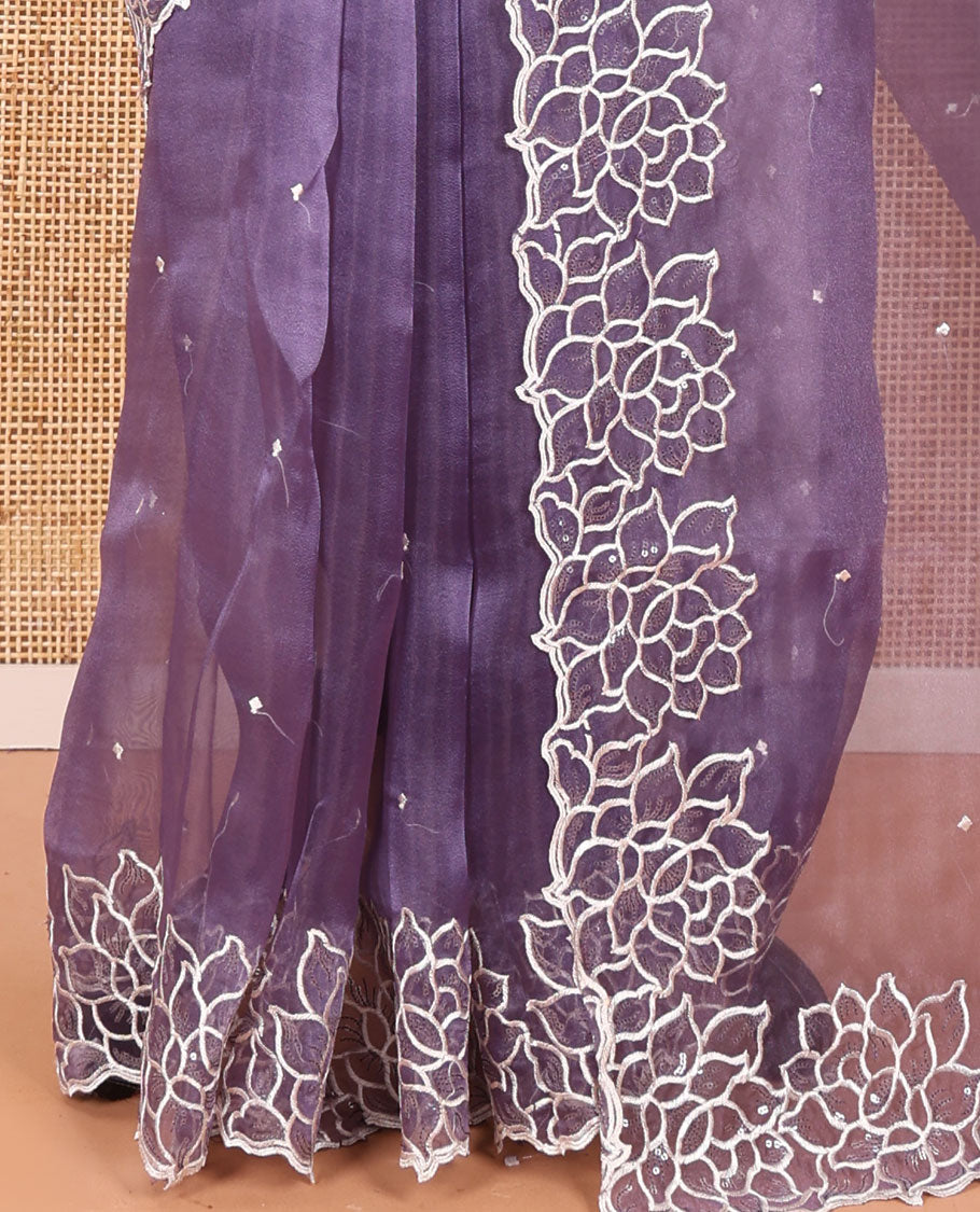 Lavender Organza Saree, Subtly Sparkled with Embroidered Buttas Across Its Body, Highlighted by a Scallop Floral Thread Embroidered Border, a Self-Pallu, and Paired with a Matching Blouse