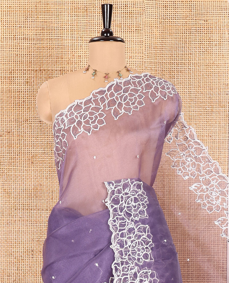Lavender Organza Saree, Subtly Sparkled with Embroidered Buttas Across Its Body, Highlighted by a Scallop Floral Thread Embroidered Border, a Self-Pallu, and Paired with a Matching Blouse
