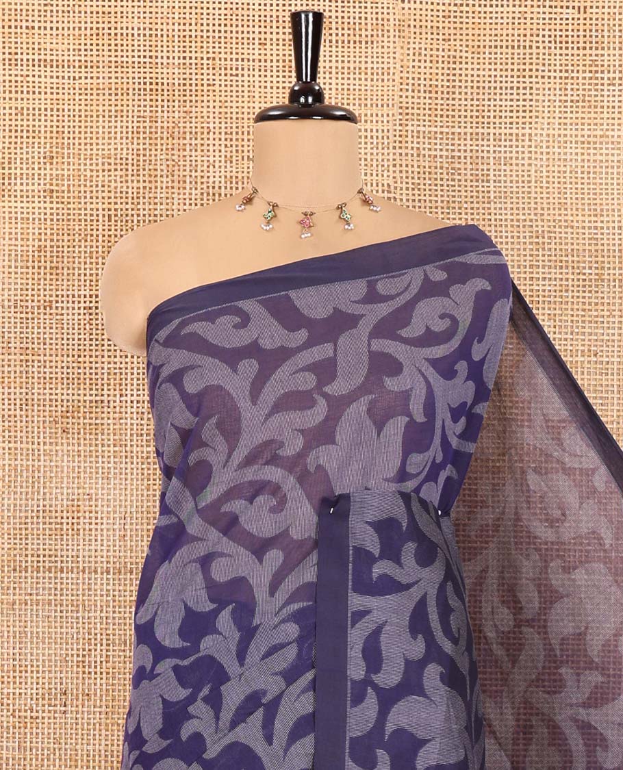 Borderless Violet Coimbatore Cotton Saree, Subtly Printed with Floral Vine on Its Body, Self-Pallu Features Paisleys and Geometric Designs, and Paired with a Matching Blouse