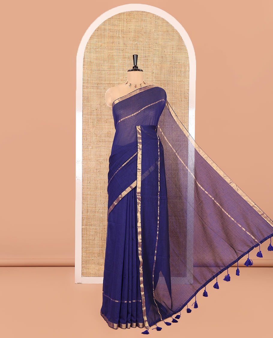 Blue Plain Khadi Mul Cotton Saree, Subtly Sparkled with Zari Border, Self-Pallu, and Paired with a Matching Blouse