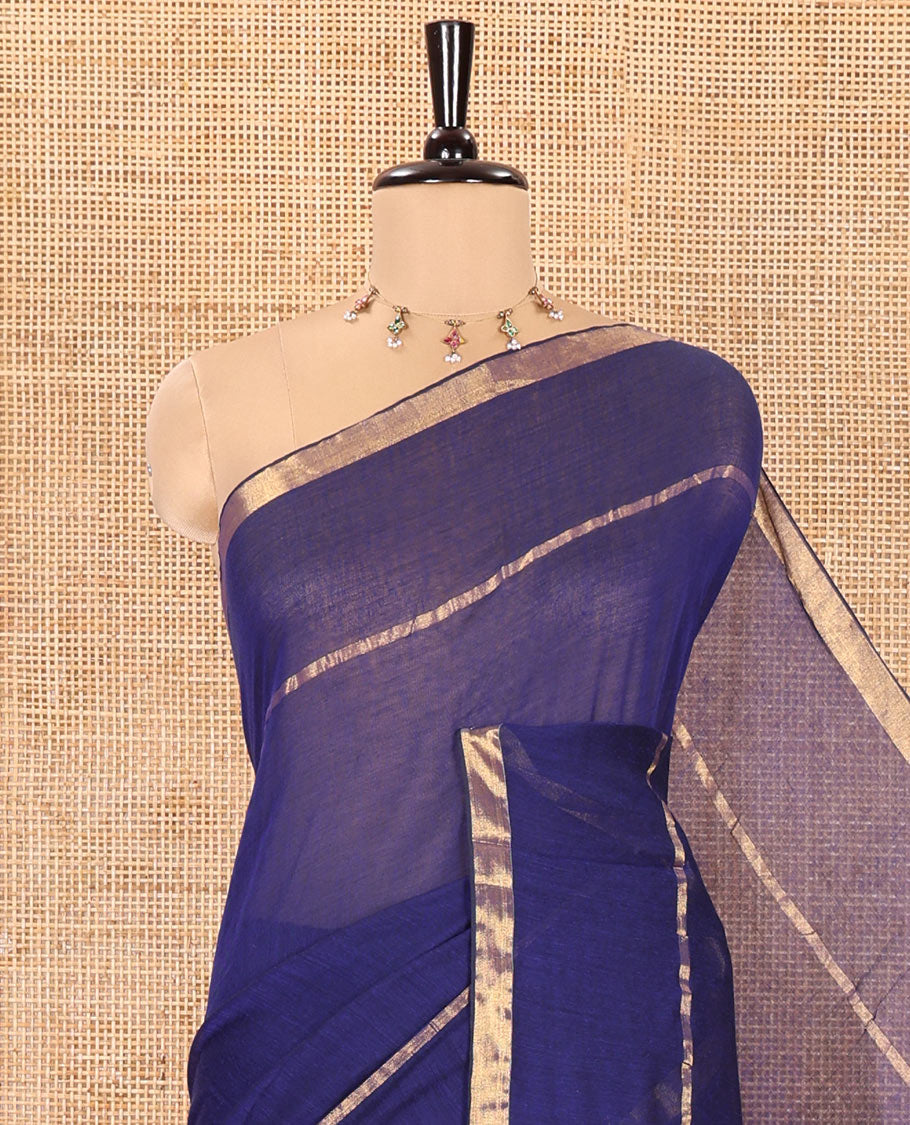 Blue Plain Khadi Mul Cotton Saree, Subtly Sparkled with Zari Border, Self-Pallu, and Paired with a Matching Blouse