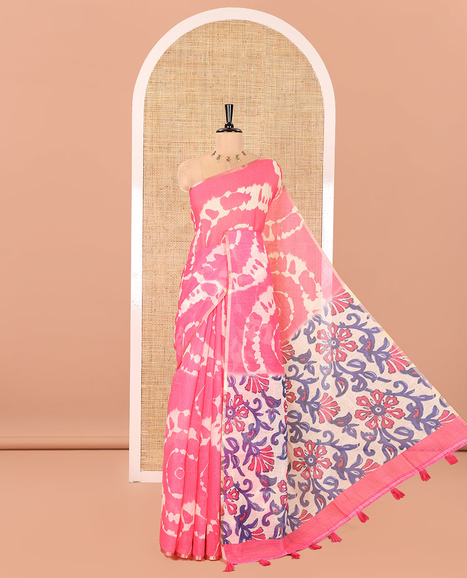 Borderless Pink Linen Cotton Saree, Accentuated with Shibori Printed on Its Body, Complemented by Contrast Floral Printed Pallu, and Paired with a Contrast Floral Printed Blouse