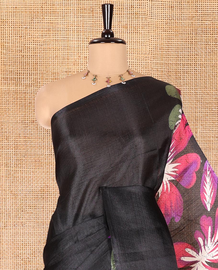 Borderless Black and Violet Khadi Cotton Saree, Colorful Decked Up with Flower Motifs Print on Body and Pallu, and Paired with a Plain Blouse