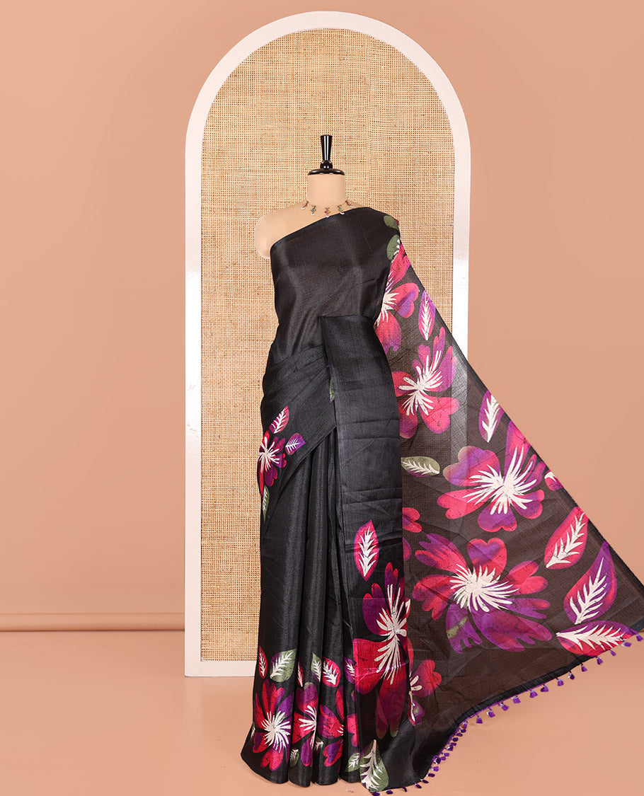 Borderless Black and Violet Khadi Cotton Saree, Colorful Decked Up with Flower Motifs Print on Body and Pallu, and Paired with a Plain Blouse