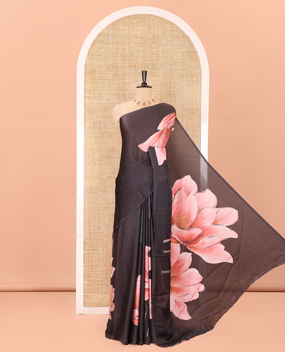 Borderless Black Satin Crepe Saree, Prettified with Lotus Flower Print On Its Body, Pallu Features Lotus Print, and Paired with a Printed Blouse