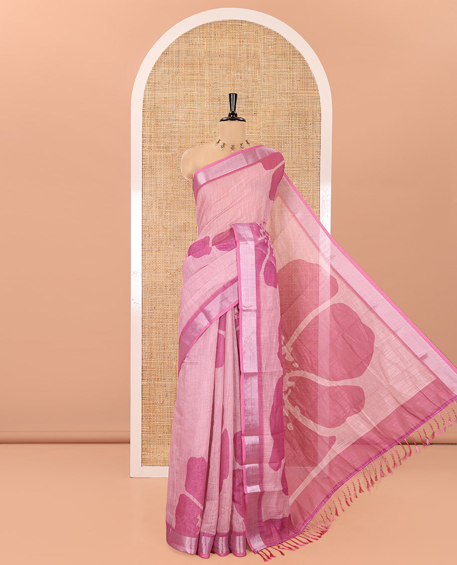Dusky Pink Linen Cotton Saree, Embellished with Floral Print All Over Its Body, Complemented by a Contrast Zari Bavanji Border, Floral Printed Pallu, and Paired with a Matching Blouse