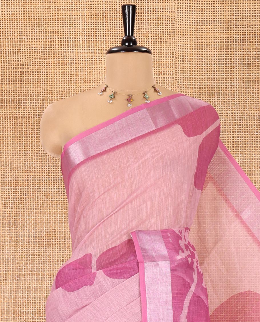 Dusky Pink Linen Cotton Saree, Embellished with Floral Print All Over Its Body, Complemented by a Contrast Zari Bavanji Border, Floral Printed Pallu, and Paired with a Matching Blouse