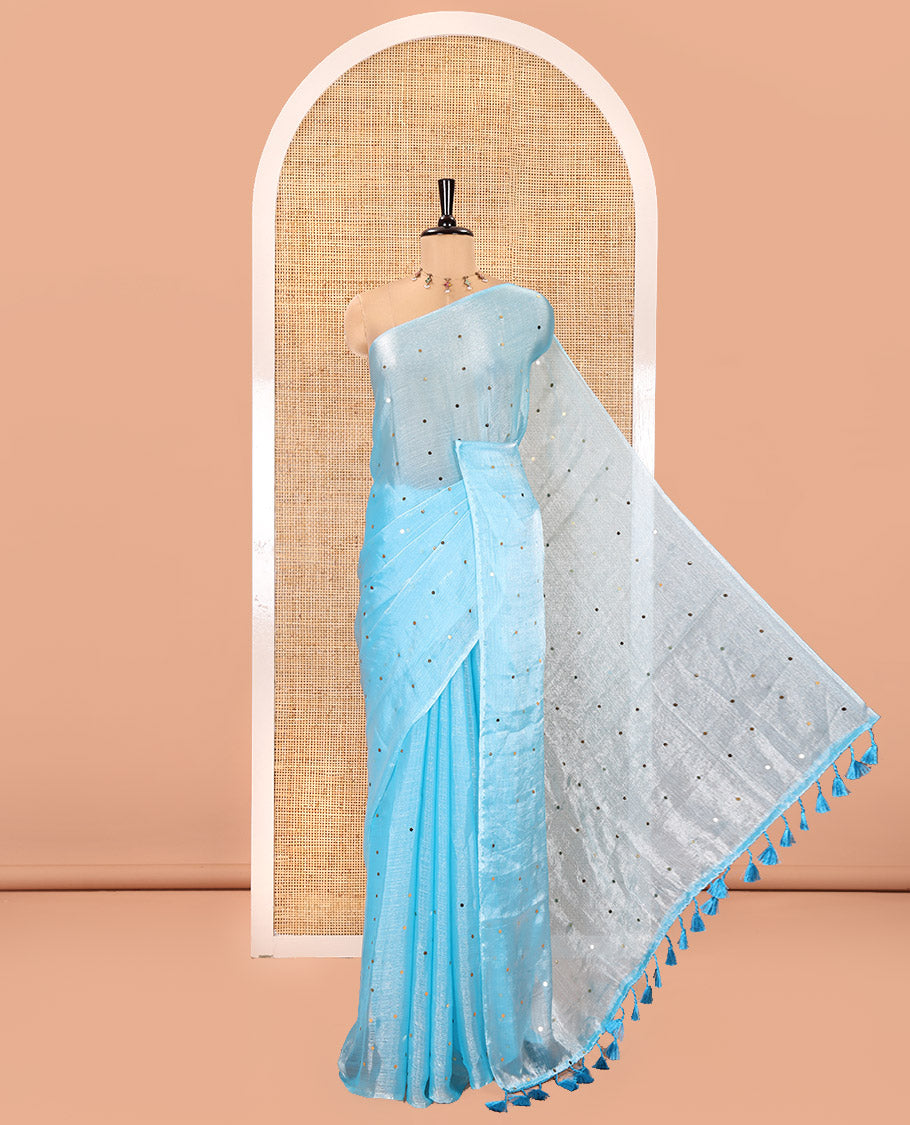 Borderless Sky Blue Fendy Chiffon Saree, Gleamed Up with Sequin Work on Its Body, Highlighted by a Self-Pallu of Sequin Work, and Paired with a Matching Blouse