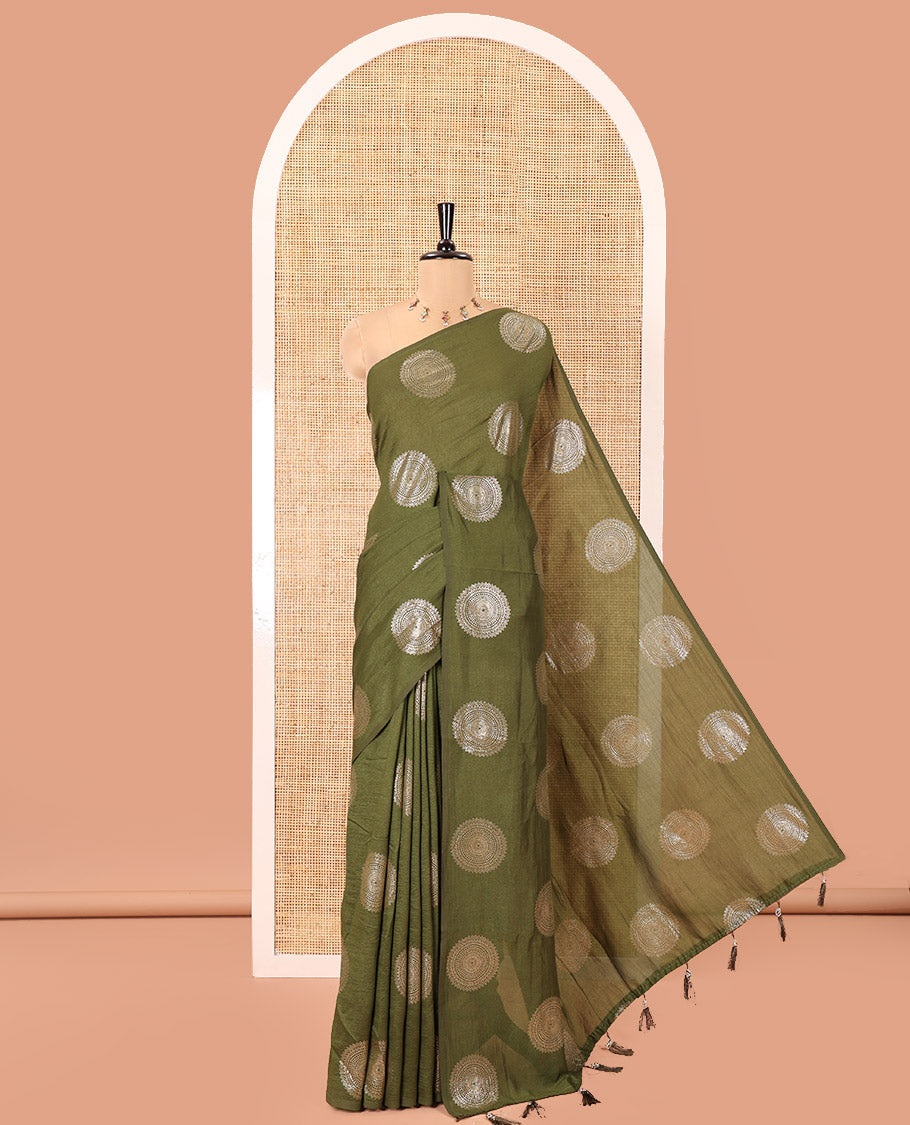 Borderless Olive Green Vichitra Saree Features Rangoli-Style Round Buttas Foil Print and a Contrast Sequins Embroidered Blouse