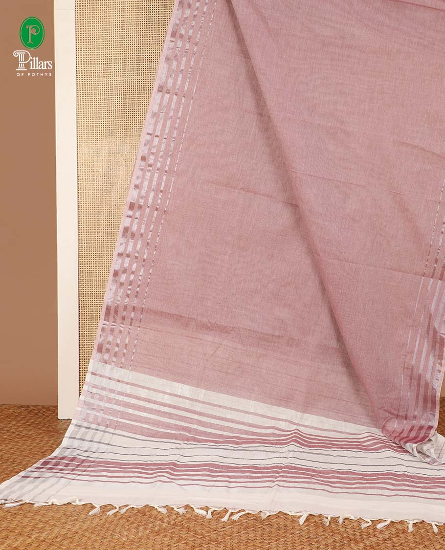 Onion pink linen mix cotton saree with silver zari border & contrast pallu along with contrast blouse