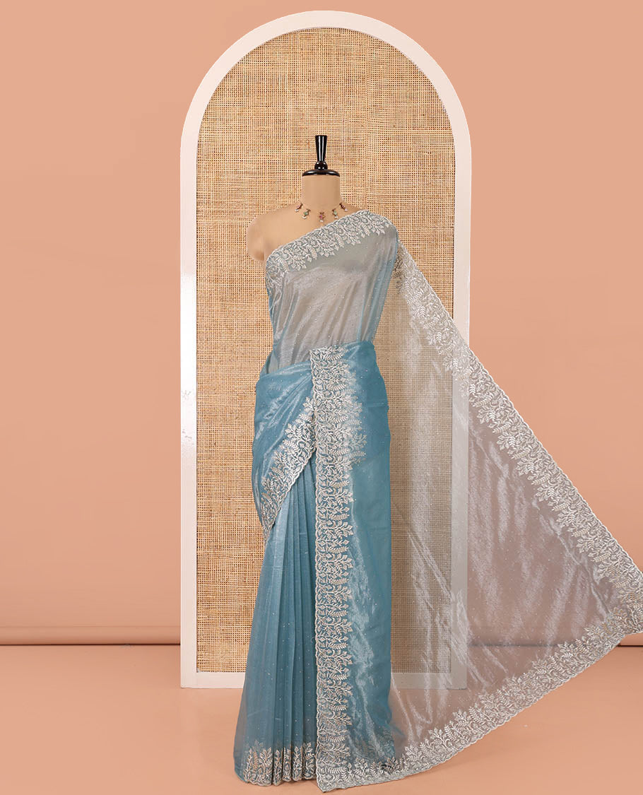 Blue Twill Net Saree, Gleamed Up with Stone Work, Highlighted by a Scallop Embroidered Border and Paired with a Matching Blouse
