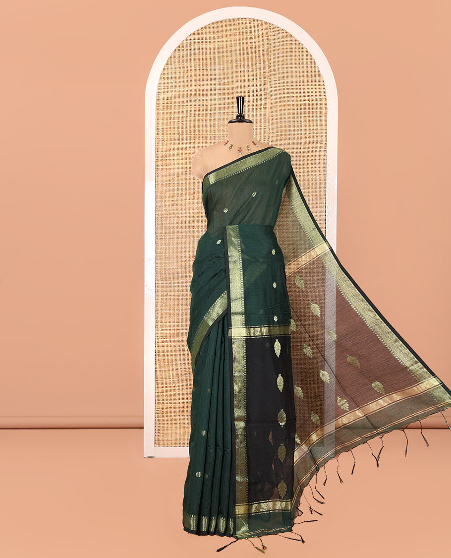 Green Maheshwari Cotton Saree, Flower Buttas All Over Its Body, Highlighted by Zari Border, Pallu of Contrast Floral Buttas, and a Contrast Blouse