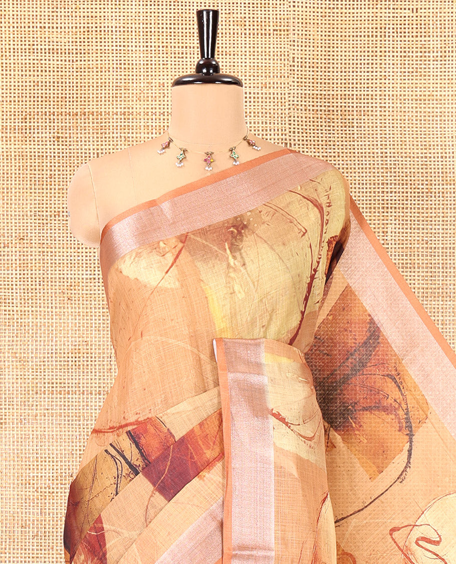 Mustard Linen Cotton Saree, Adorned with Polka Dot and Temple Buttas on Its Body, Highlighted by a Zari Border, Pallu Steeped with Floral Designs, and Paired with a Matching Blouse