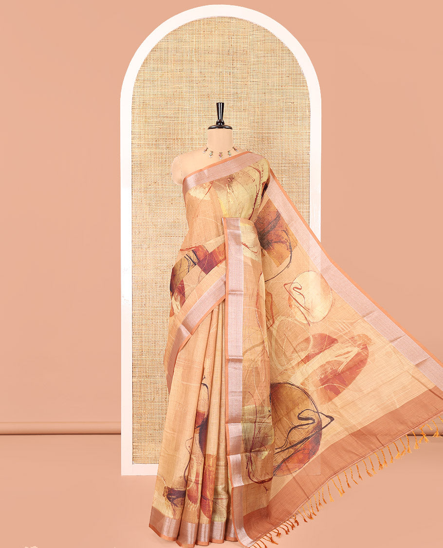Mustard Linen Cotton Saree, Adorned with Polka Dot and Temple Buttas on Its Body, Highlighted by a Zari Border, Pallu Steeped with Floral Designs, and Paired with a Matching Blouse