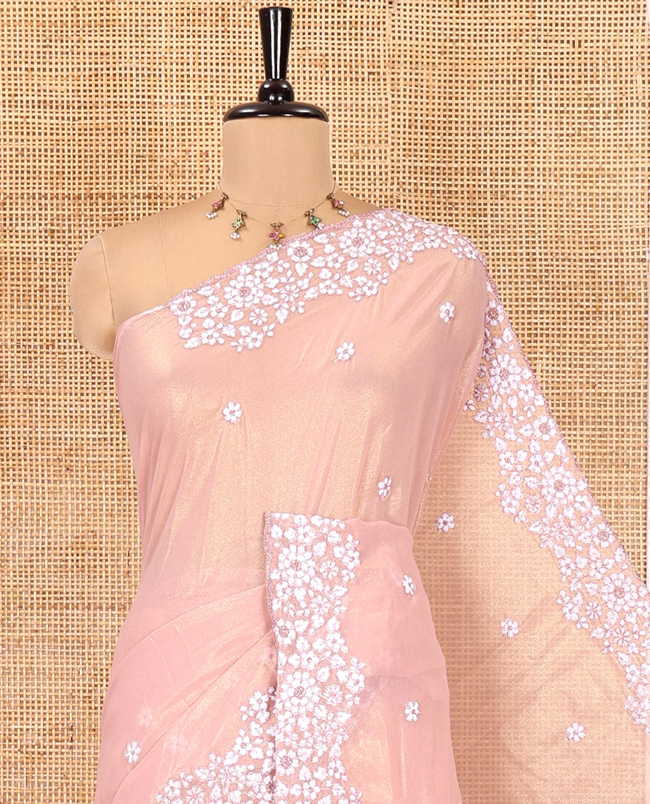 Onion Pink Shimmer Chiffon Saree, Artfully Detailed with Floral Embroidery on Its Body, Scallop Floral Embroidery Border, a Self-Pallu, and Paired with a Matching Embroidered Blouse