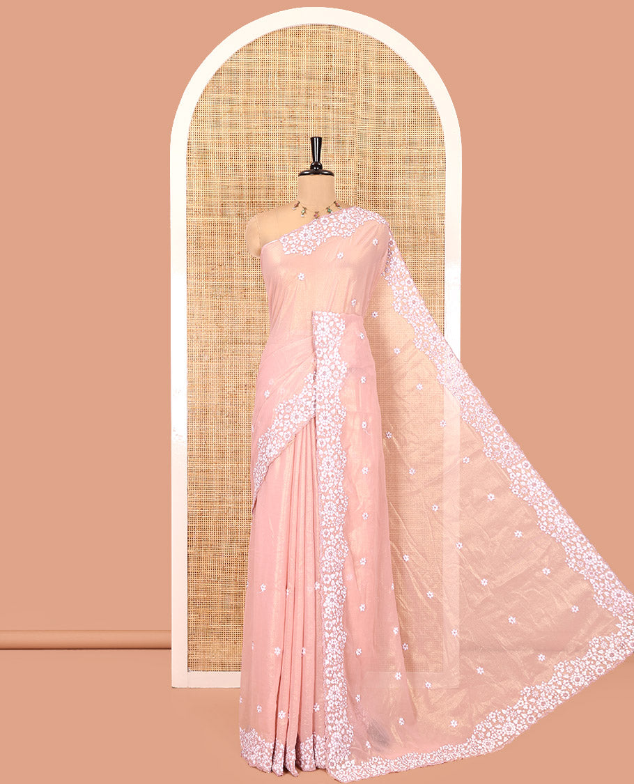 Onion Pink Shimmer Chiffon Saree, Artfully Detailed with Floral Embroidery on Its Body, Scallop Floral Embroidery Border, a Self-Pallu, and Paired with a Matching Embroidered Blouse