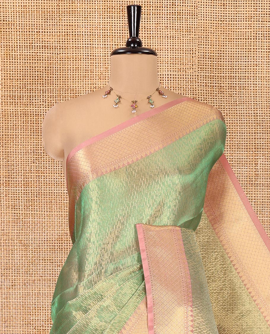 Rama Banaras Katan Silk Saree, Adorned with Brocade Design on Its Body, Complemented by a Contrast Traditional Zari Design Border, Grand Jaal Pallu, and Paired with a Contrast Blouse