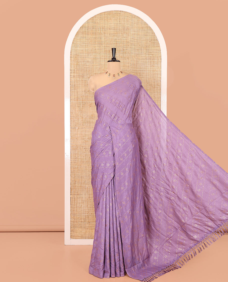 Borderless Lavender Vichitra Silk Saree, Gleamed Up with Floral Buttas and Leheriya-Style Foil Print on Its Body, a Self-Pallu, and Has No Blouse