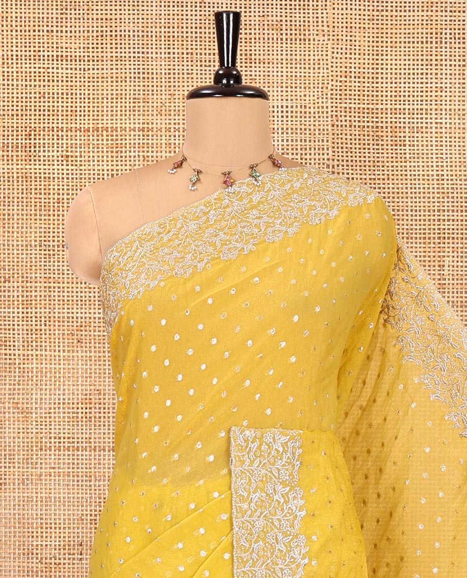 Yellow Fendi Chiffon Saree, Steeped with 1000-Buttas All Over Its Body, Highlighted by a Scallop Embroidered Border, a Self-Pallu, and Paired with a Matching Blouse