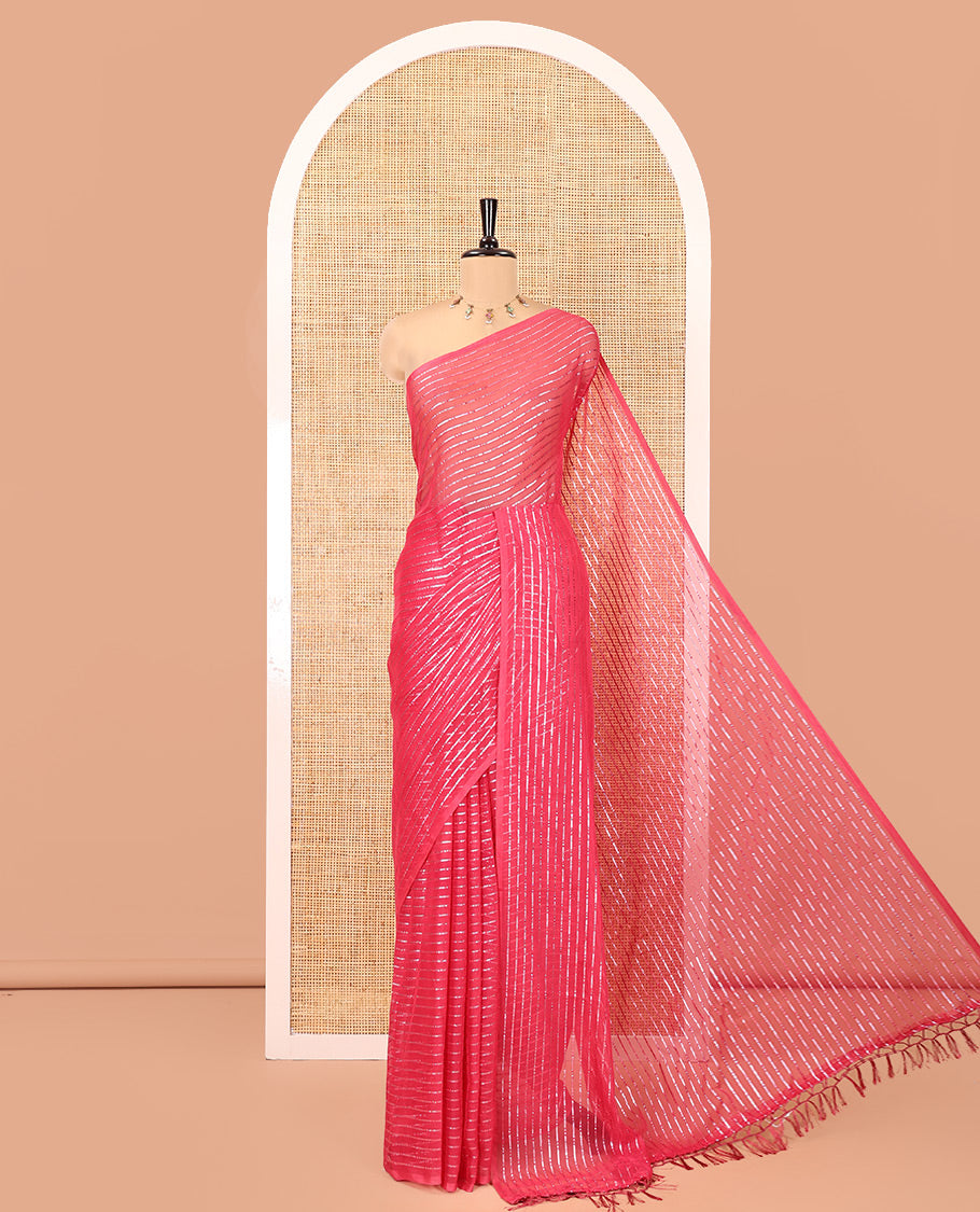 Borderless Pink Chiffon Saree, Gleamed Up with Horizontal Stripes on Its Body, a Self-Pallu, and Has No Blouse