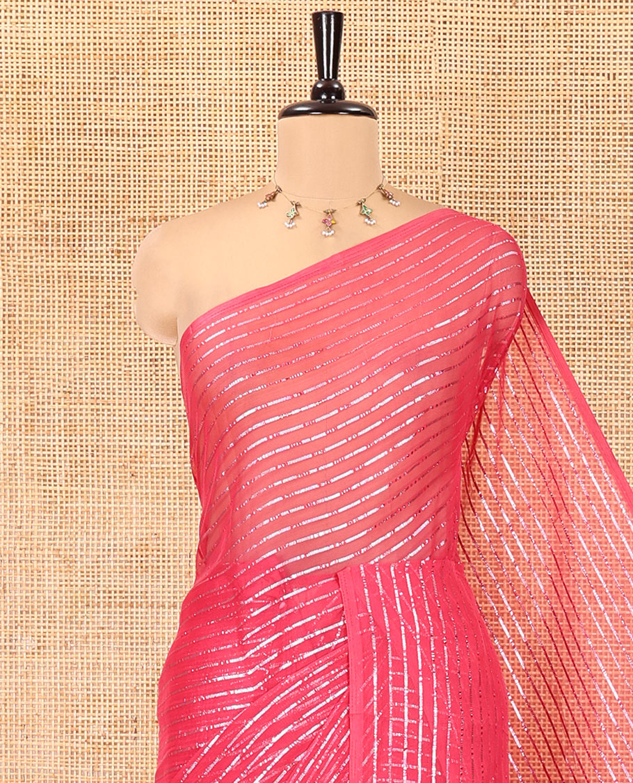Borderless Pink Chiffon Saree, Gleamed Up with Horizontal Stripes on Its Body, a Self-Pallu, and Has No Blouse