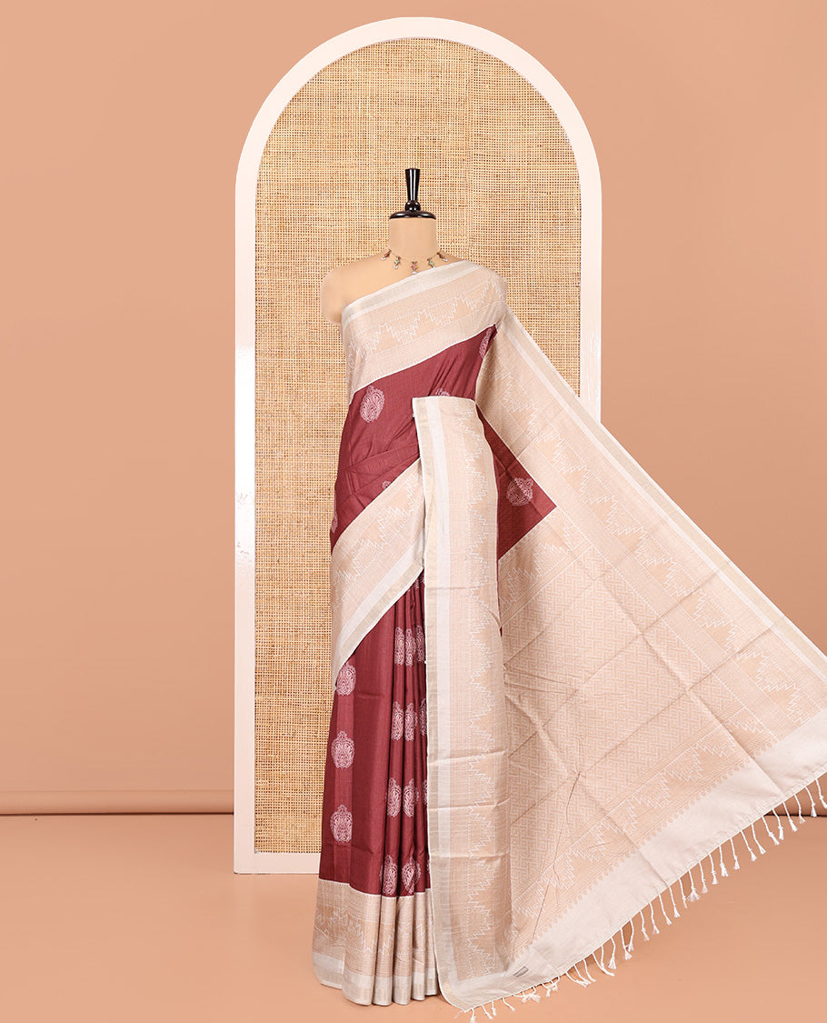 Maroon Katan Silk Saree, Detailed with Buttas, Complemented by Contrast Traditional Design Border, Geometric-Patterned Pallu, and a Contrast Blouse