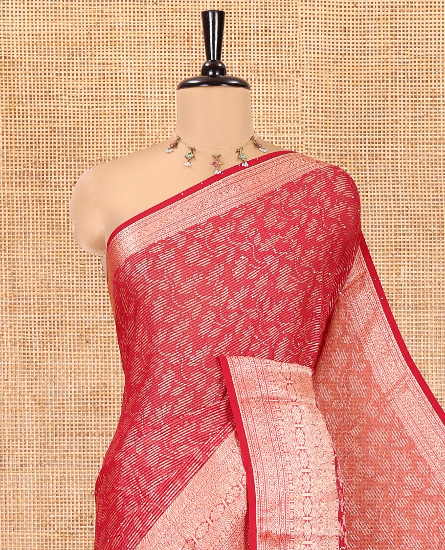 Maroon Chiffon Saree, Adorned with Floral Vine and Stonework, a Traditional Border, Pallu Steeped with Floral Designs, and a Matching Blouse