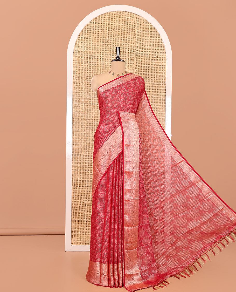Maroon Chiffon Saree, Adorned with Floral Vine and Stonework, a Traditional Border, Pallu Steeped with Floral Designs, and a Matching Blouse