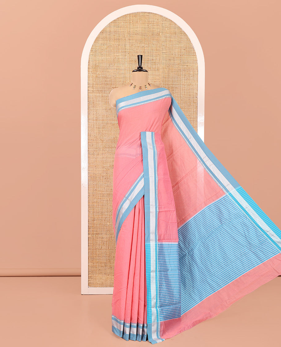 Pink Mercerised Cotton Saree with Sparse Stripes, a Contrast Temple Border, Striped Pallu, and a Matching Blouse