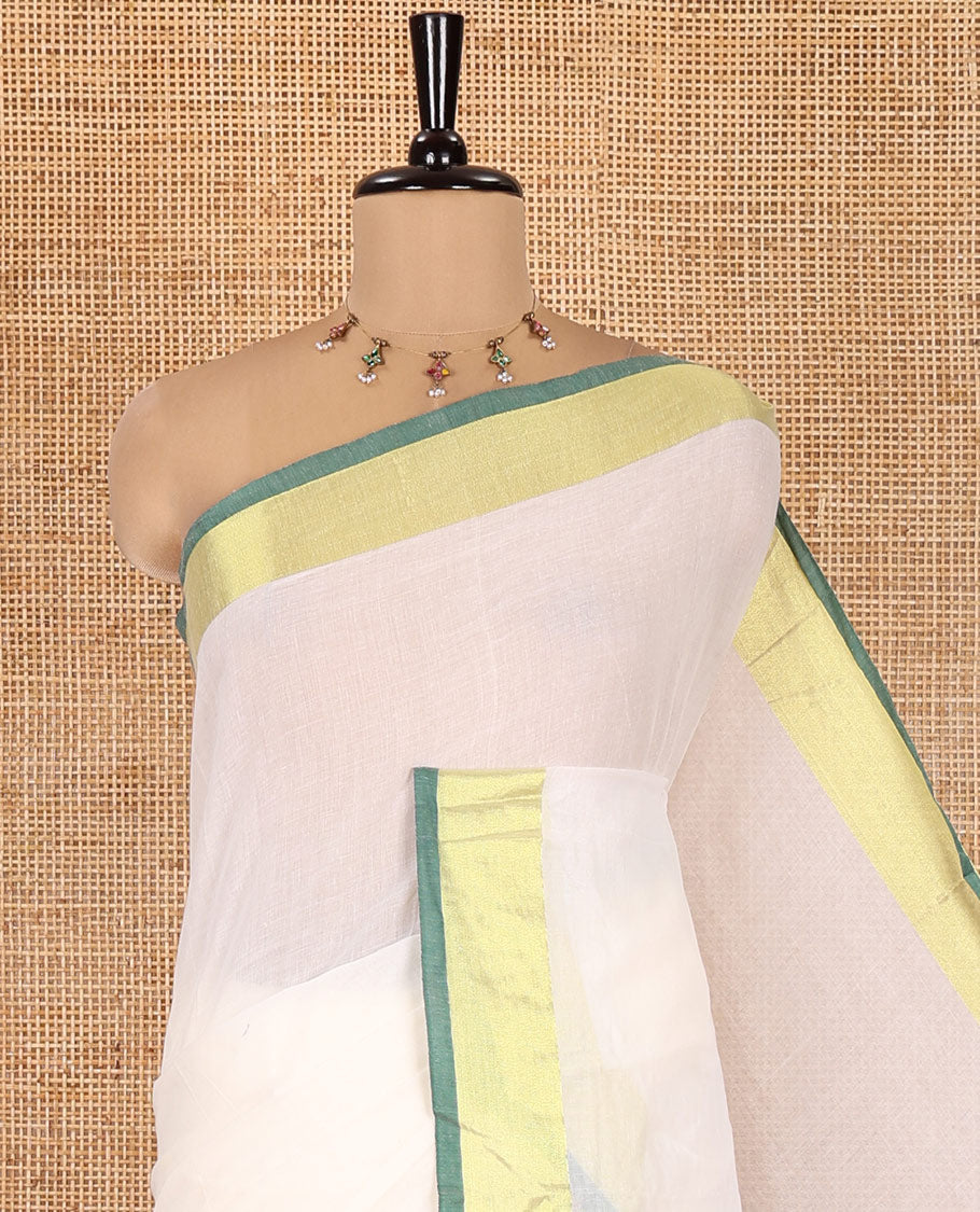 Cream Plain Khadi Mul Cotton Saree, Complemented by a Contrast Tissue Border, a Self-Pallu, and No Blouse