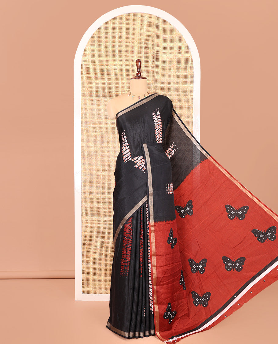 Maroon Muslin Cotton Saree, Elevated with Shibori Print, a Piping Border, Butterfly Motifs Pallu and a Contrast Blouse
