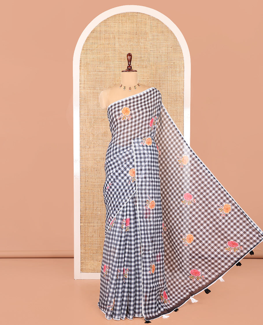 Grey Linen Cotton Saree, Adorned with Checks and a Floral Print, Lace Border, a Self-Pallu, and a Contrast Blouse