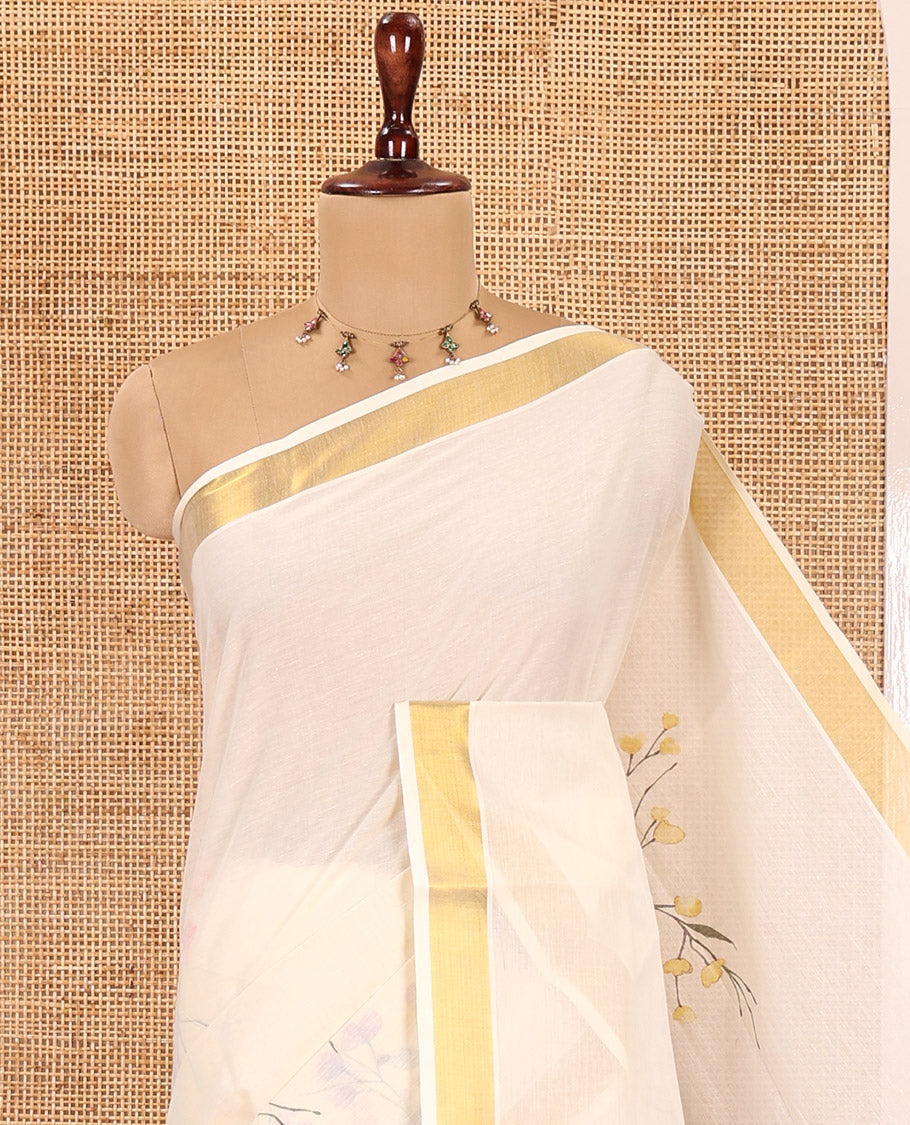 Cream Kerala Cotton Saree, Beautified with Floral Print, a Zari Border, Floral Pallu, a Contrast Blouse