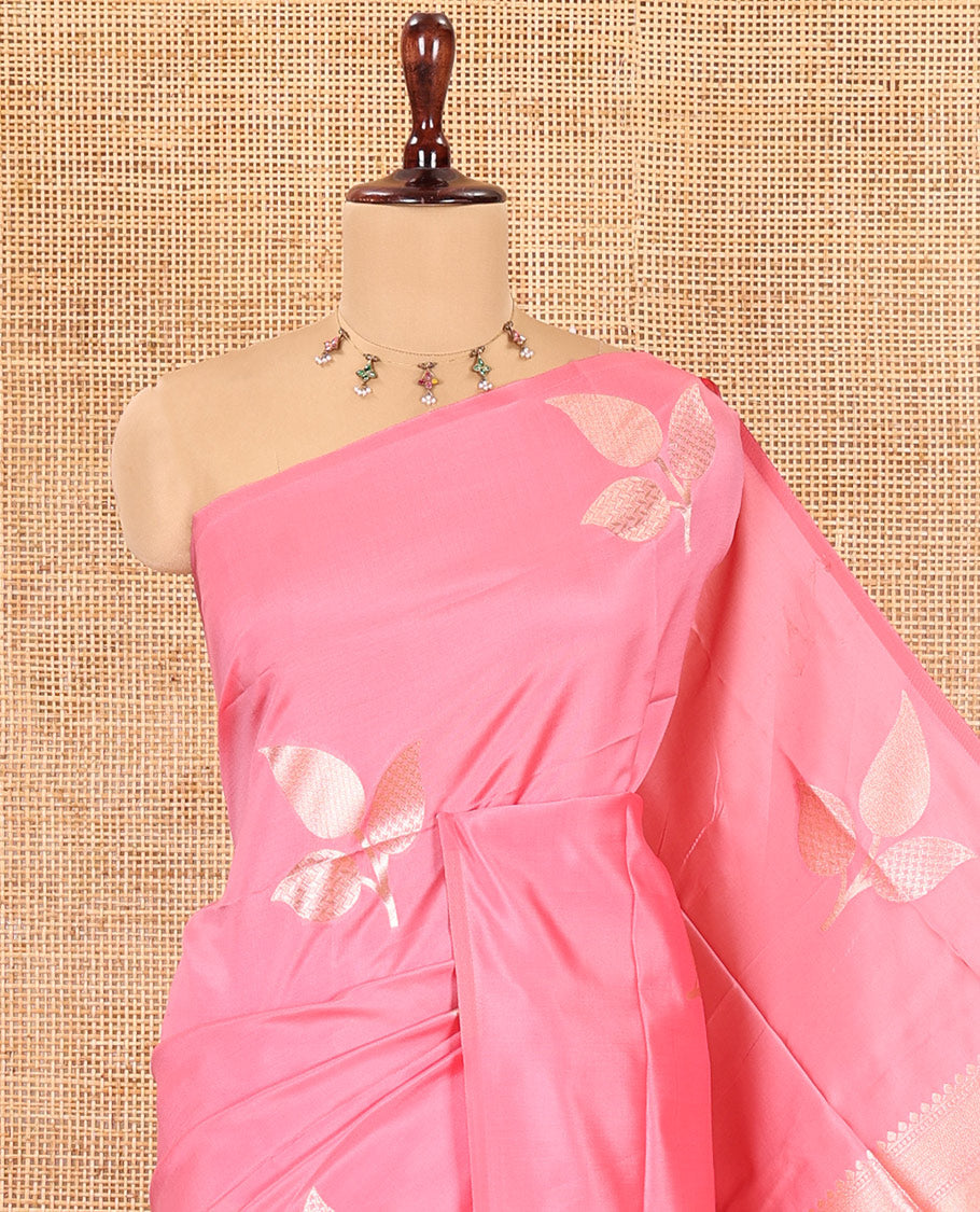Borderless Pink Elite Soft Silk Saree, Elevated with Leaf Motifs, a Self-Pallu of Floral Designs, and a Matching Blouse