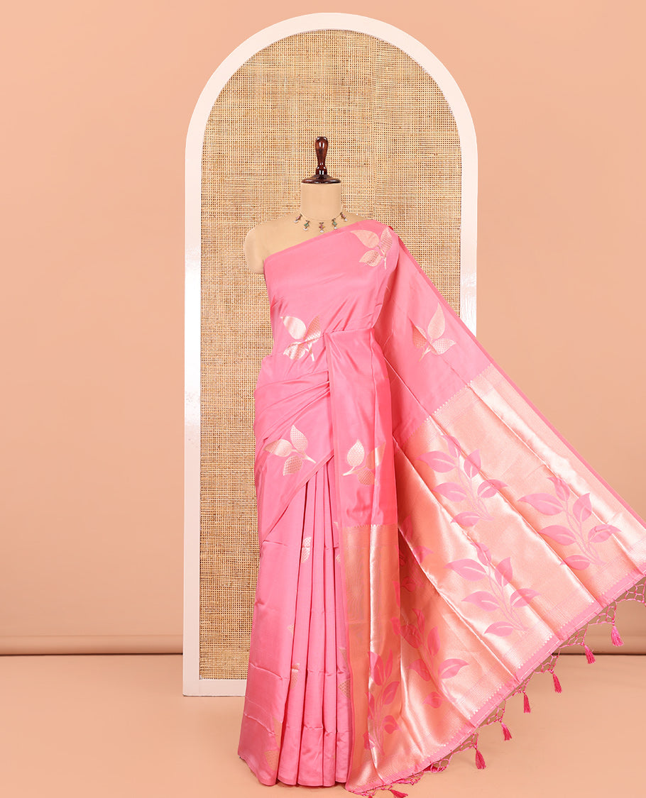 Borderless Pink Elite Soft Silk Saree, Elevated with Leaf Motifs, a Self-Pallu of Floral Designs, and a Matching Blouse