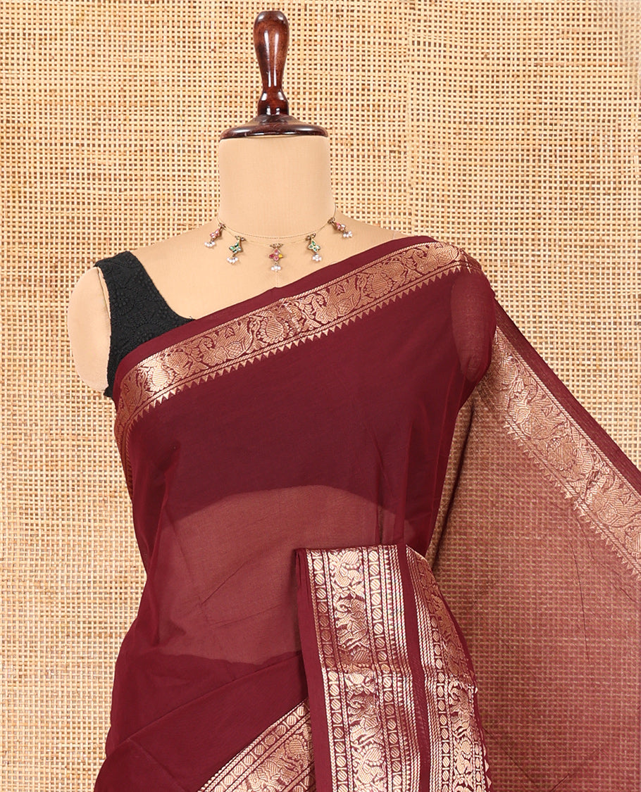 Brown Plain Chettinad Saree, Gleamed Up with a Zari Rettai Pettu Traditional Border, Striped Pallu, and a Matching Blouse